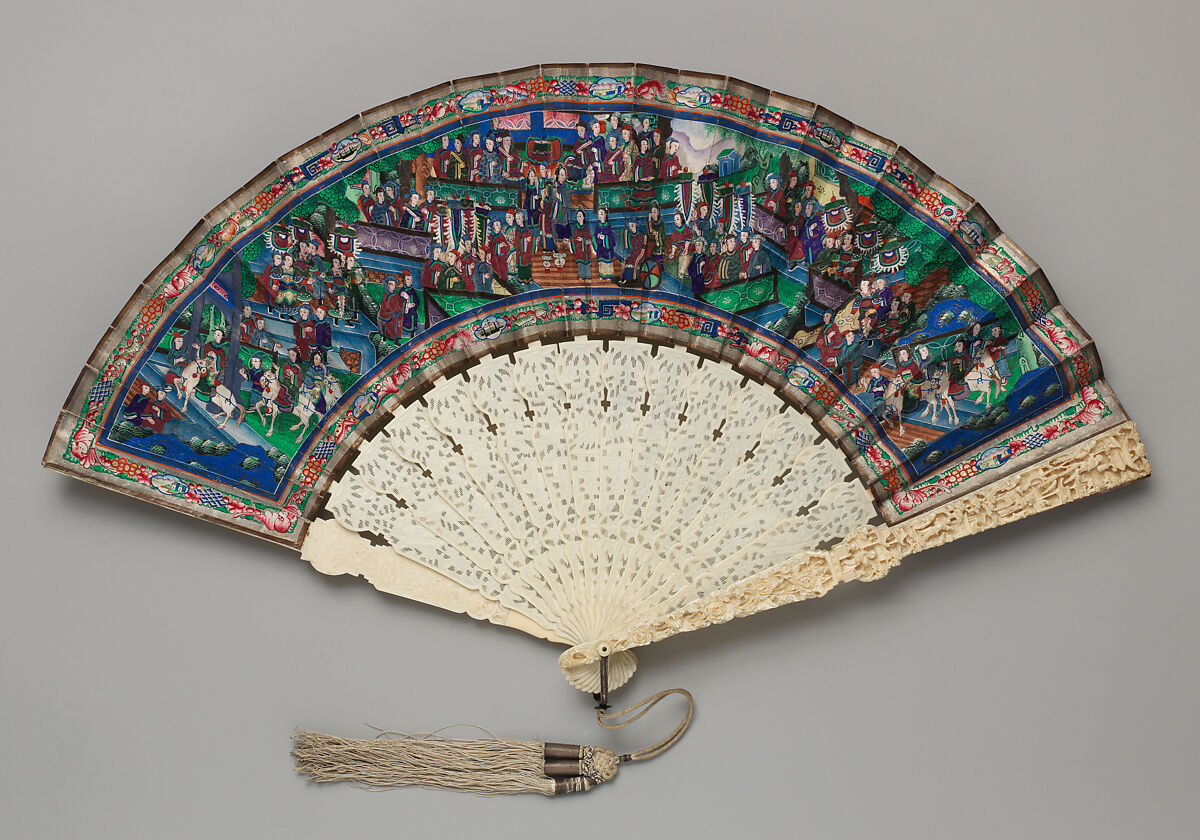 Folding Fan with Scene of Figures in a Courtyard Garden, Paper and ivory, Chinese, for the European Market