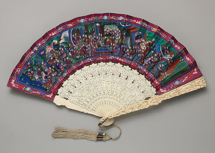 Folding Fan with Scene of Figures in a Courtyard Garden