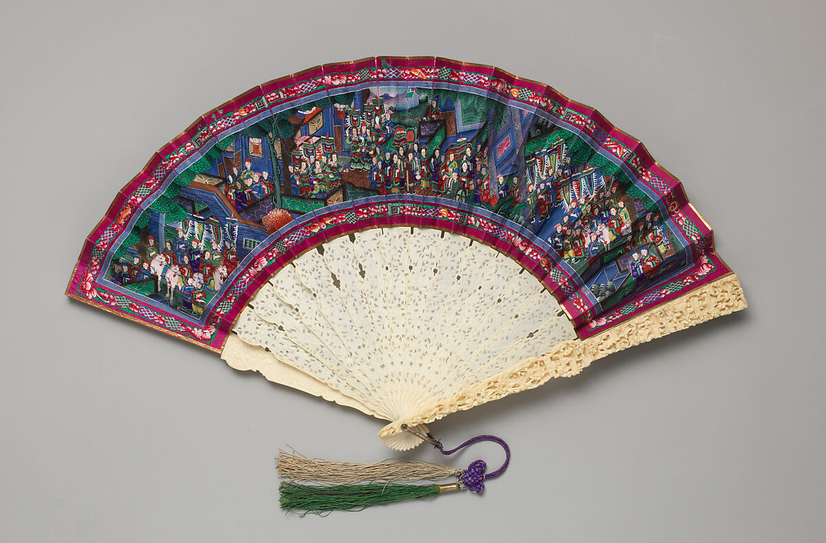 Folding Fan with Scene of Figures in a Courtyard Garden, Paper and ivory, Chinese, for the European Market 