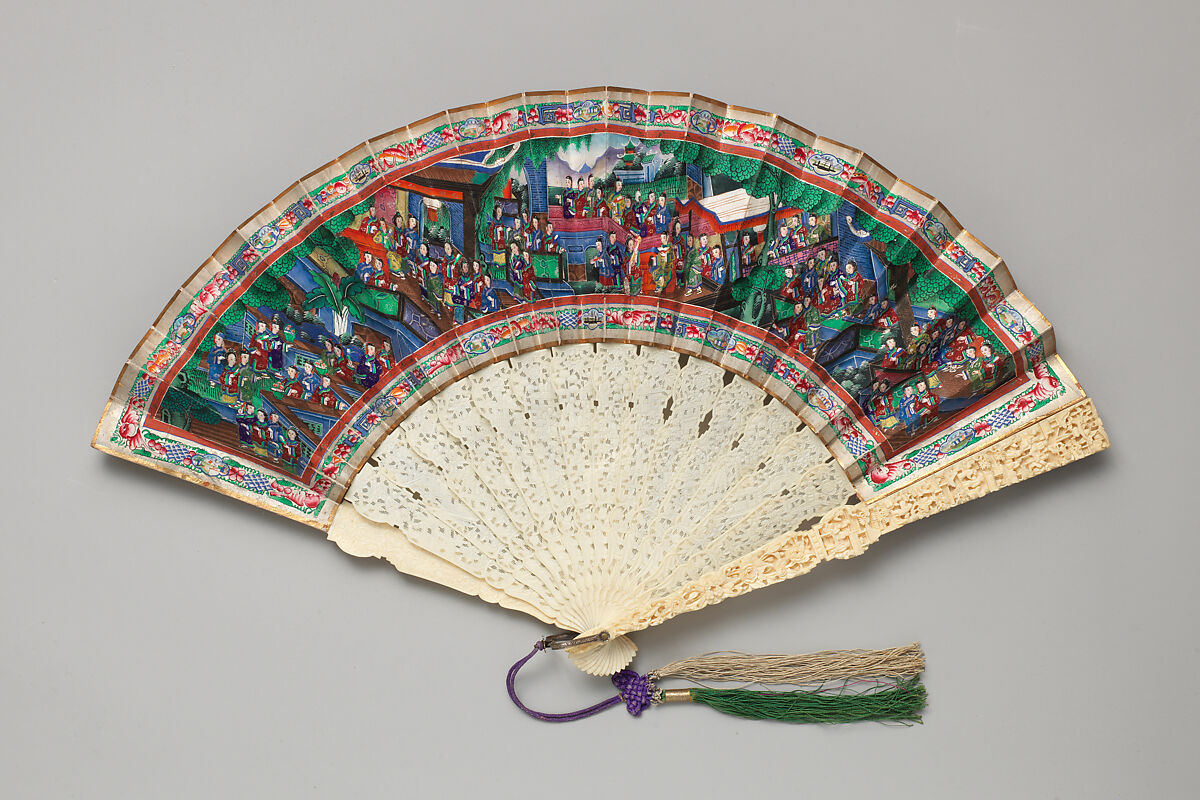 Folding Fan with Scene of Figures in a Courtyard Garden, Paper and ivory, Chinese, for the European Market