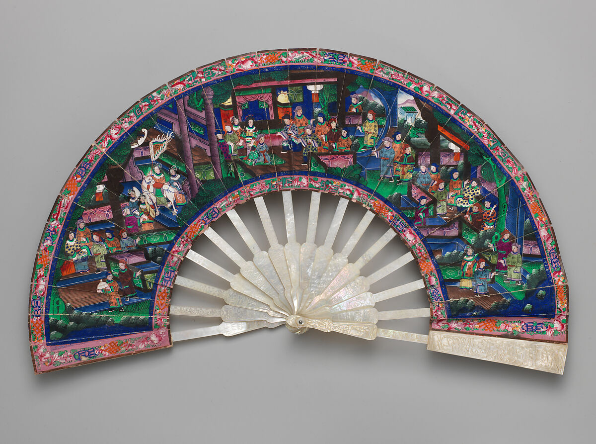 Folding Fan with Scene of Figures in a Courtyard Garden, Paper and mother-of-pearl, Chinese, for the European Market 