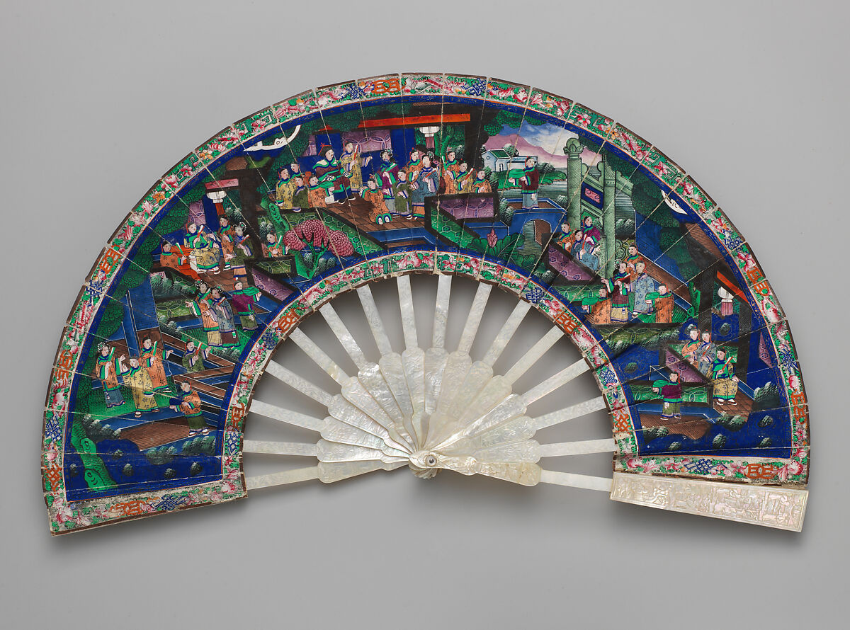 Folding Fan with Scene of Figures in a Courtyard Garden, Paper and mother-of-pearl, Chinese, for the European Market