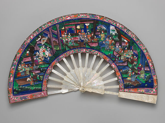 Folding Fan with Scene of Figures in a Courtyard Garden