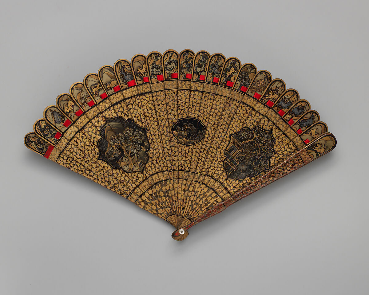 Brisé Fan, with representations of Chinese landscapes, Wood, Chinese, for the European Market 