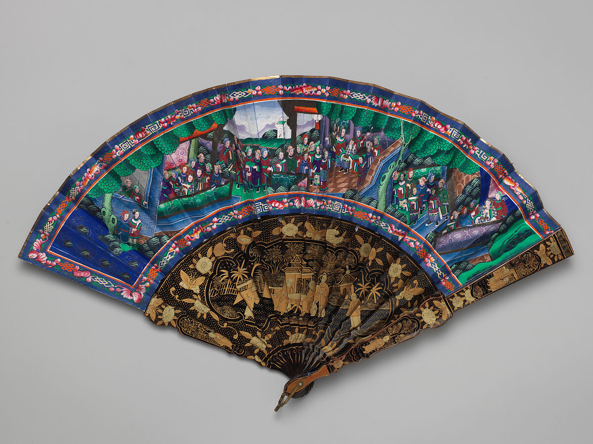 Folding Fan with Scene of Figures in a Courtyard Garden, Paper and wood, Chinese, for the European Market 