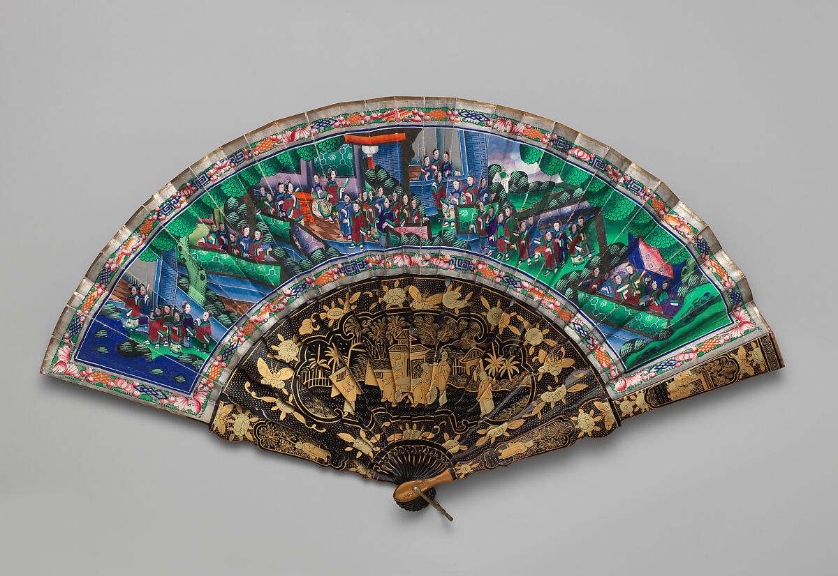 Folding Fan with Scene of Figures in a Courtyard Garden, Paper and wood, Chinese, for the European Market