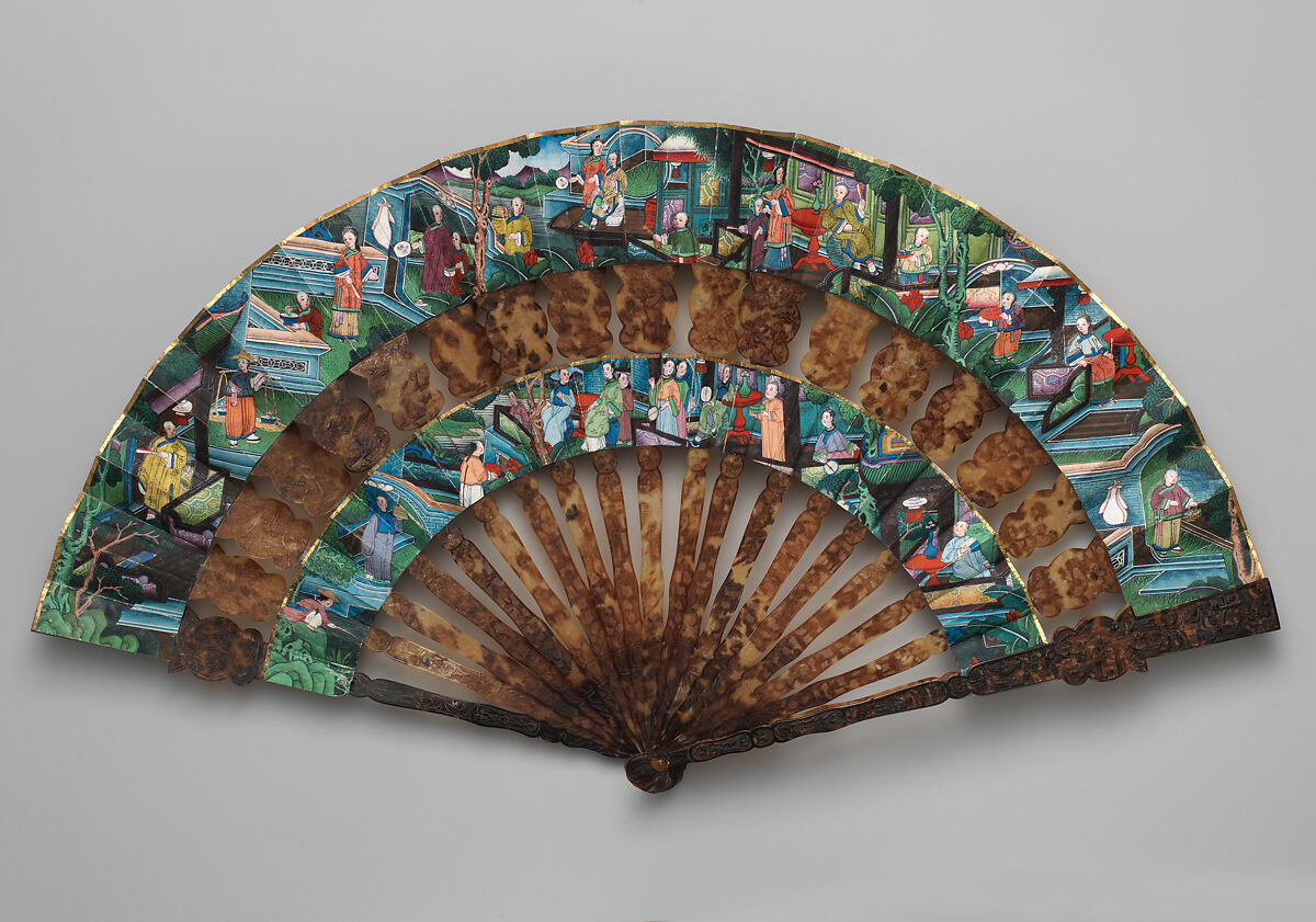 Folding Fan with Multiple Scenes of Figures in Courtyard Gardens, Paper and tortoiseshell, Chinese, for the European Market 