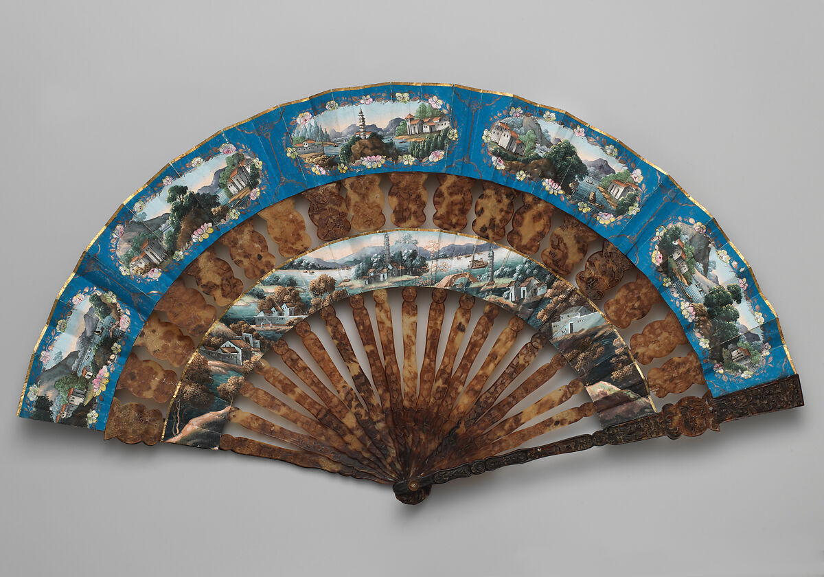 Folding Fan with Multiple Scenes of Figures in Courtyard Gardens, Paper and tortoiseshell, Chinese, for the European Market