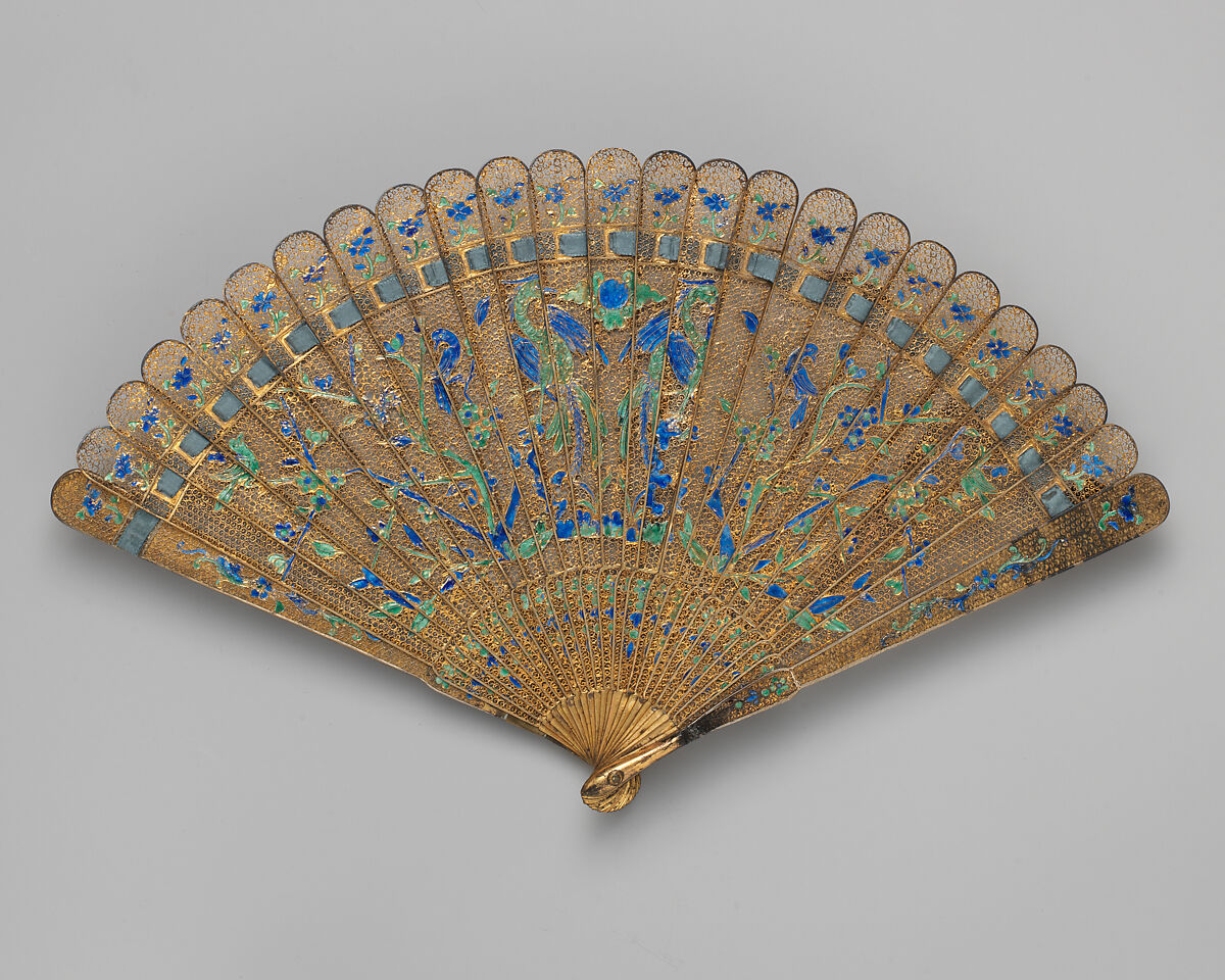 Brisé Fan, with representations of birds on branches, Silver gilt and enamels, Chinese, for the European Market