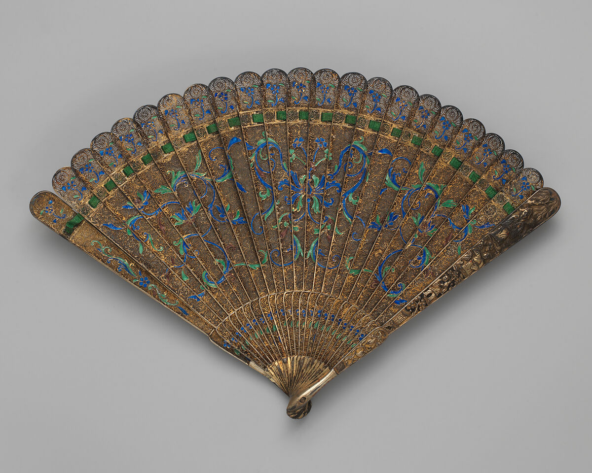 Fan, Silver gilt and enamels, Chinese 