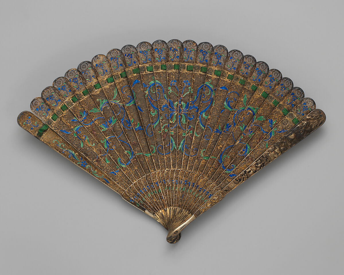 Brisé Fan, with scrolling decoration, Silver gilt and enamels, Chinese, for the European Market 