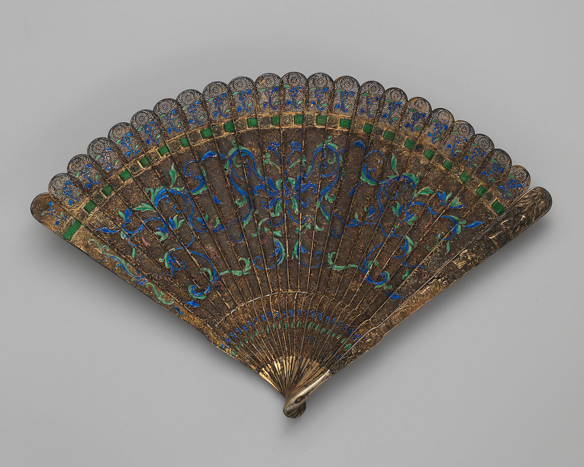 Brisé Fan, with scrolling decoration, Silver gilt and enamels, Chinese, for the European Market