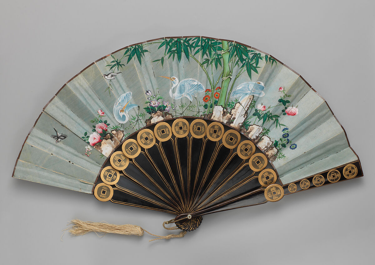Folding Fan with Scene of Cranes, Bamboo, and Flowers, Silk and wood, Chinese, probably for the European Market 
