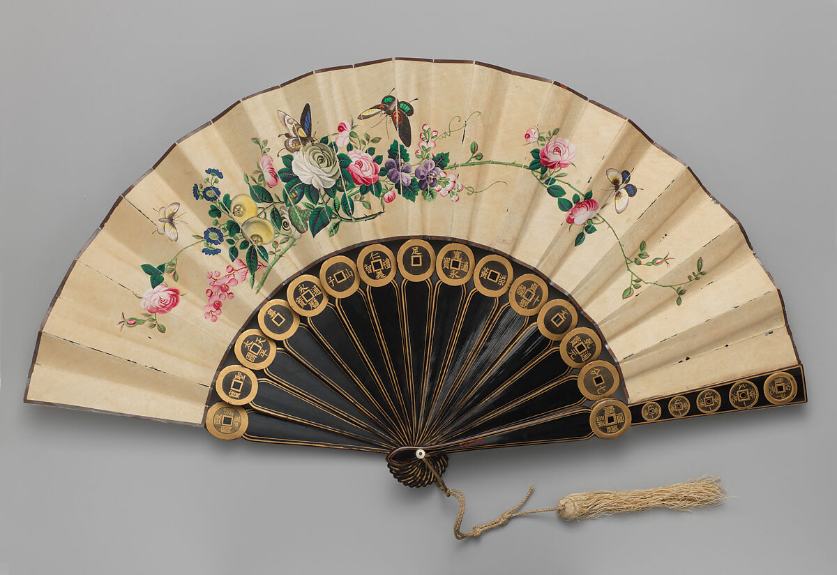Folding Fan with Scene of Cranes, Bamboo, and Flowers, Silk and wood, Chinese, probably for the European Market