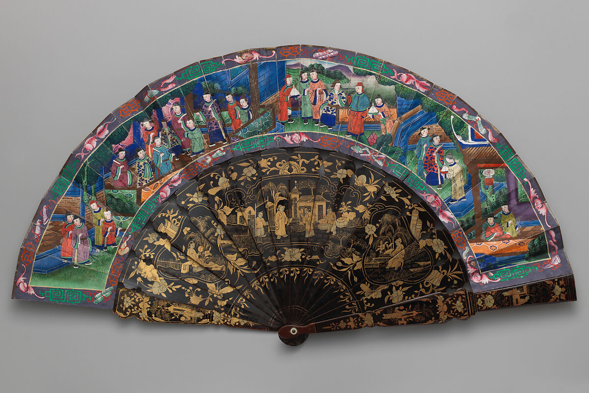 Folding Fan with Scene of Figures in a Courtyard Garden, Paper and wood, Chinese, for the European Market 