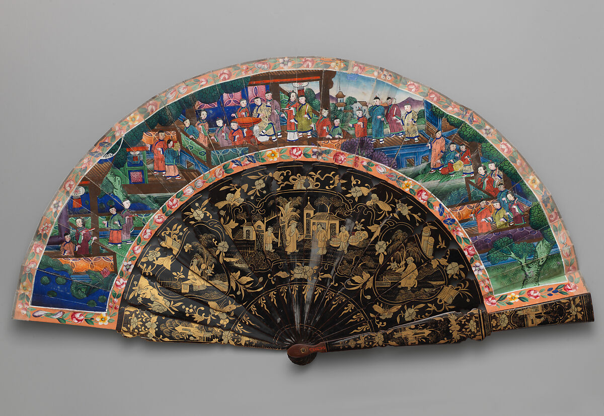 Folding Fan with Scene of Figures in a Courtyard Garden, Paper and wood, Chinese, for the European Market