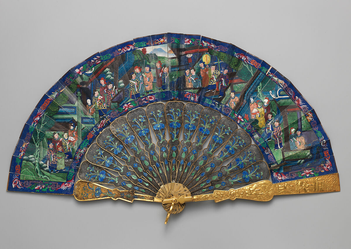 Folding Fan with Scene of Figures in a Courtyard Garden, Paper and metal, Chinese, for the European Market