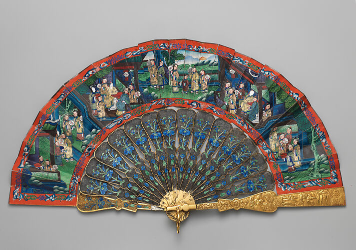 Folding Fan with Scene of Figures in a Courtyard Garden