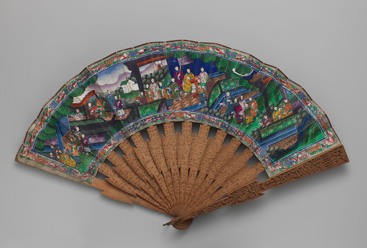 Folding Fan with Scene of Figures in a Courtyard Garden, Paper and wood, Chinese, for the European Market 
