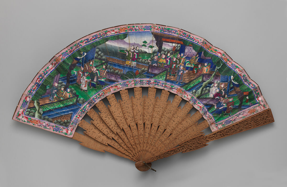 Folding Fan with Scene of Figures in a Courtyard Garden, Paper and wood, Chinese, for the European Market