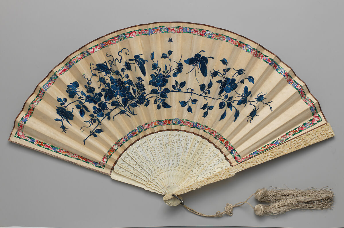 Folding Fan with Scene of Figures in a Courtyard Garden, Silk and ivory, Chinese, for the European Market