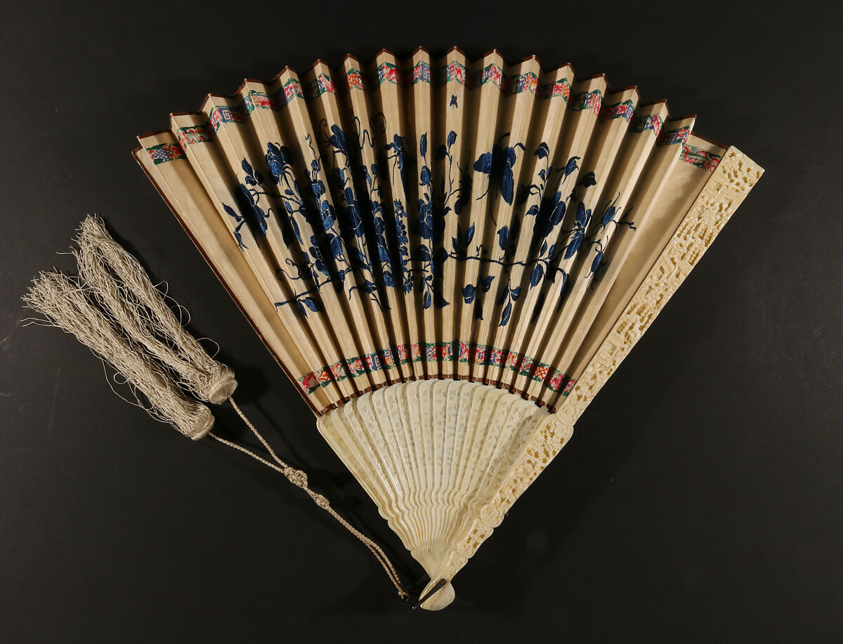 Folding Fan with Scene of Figures in a Courtyard Garden, Silk and ivory, Chinese, for the European Market