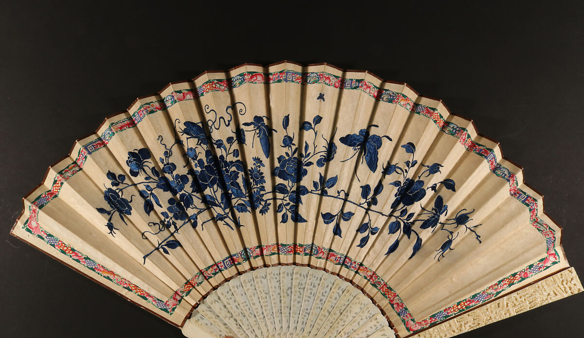 Folding Fan with Scene of Figures in a Courtyard Garden, Silk and ivory, Chinese, for the European Market