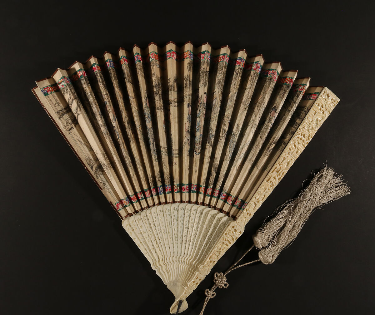 Folding Fan with Scene of Figures in a Courtyard Garden, Silk and ivory, Chinese, for the European Market