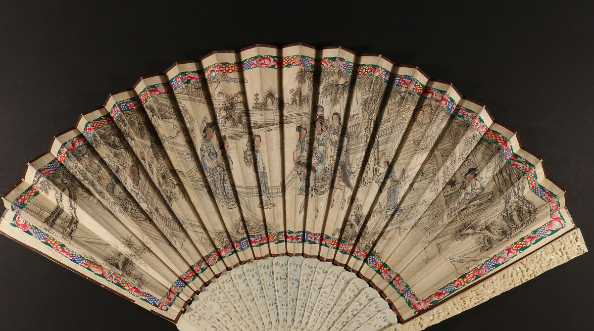 Folding Fan with Scene of Figures in a Courtyard Garden, Silk and ivory, Chinese, for the European Market