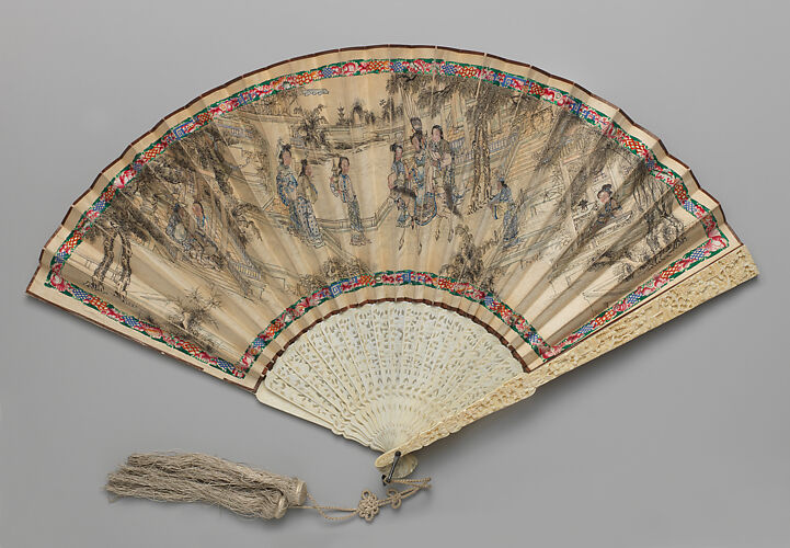 Folding Fan with Scene of Figures in a Courtyard Garden