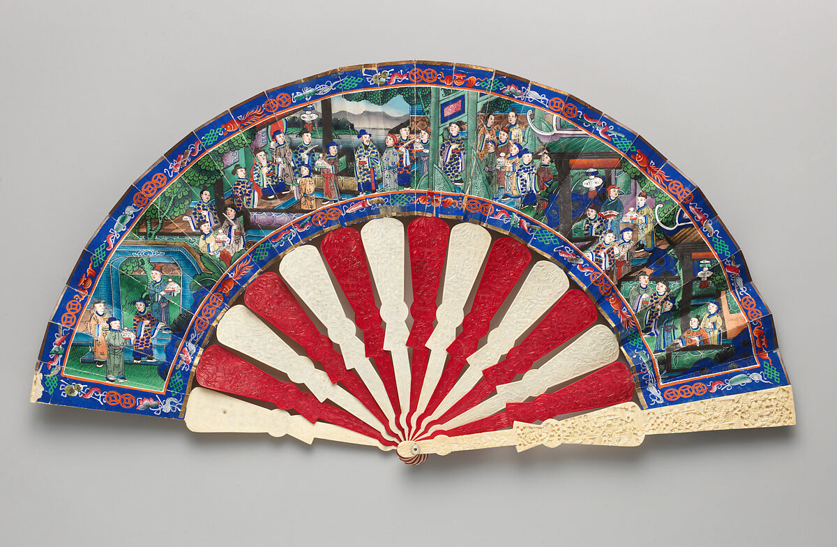 Folding Fan with Scene of Figures in a Courtyard Garden, Paper and ivory, Chinese, for the European Market 