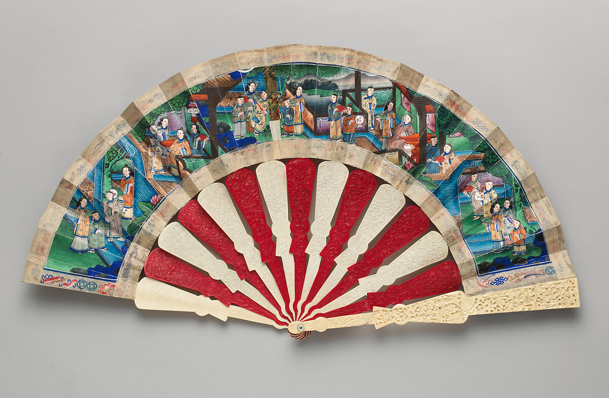 Folding Fan with Scene of Figures in a Courtyard Garden, Paper and ivory, Chinese, for the European Market