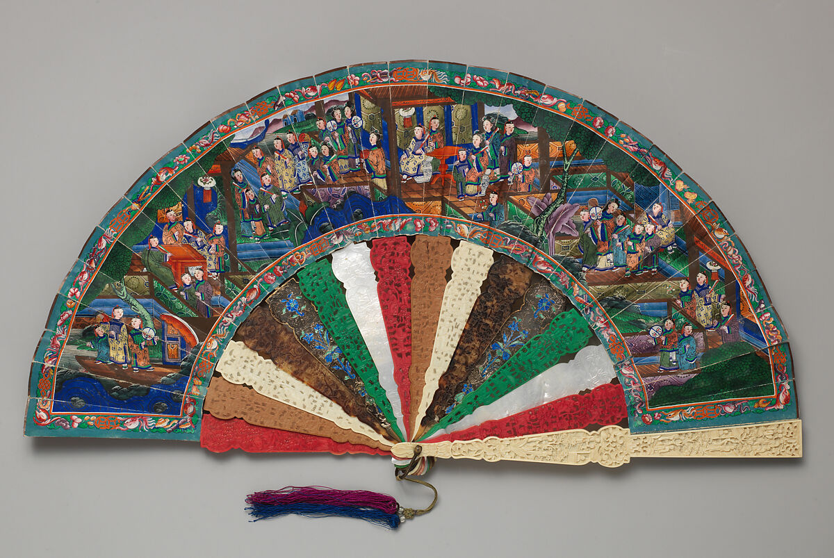 Folding Fan with Scene of Figures in a Courtyard Garden, Paper, ivory, tortoiseshell, wood, metal, and mother-of-pearl, Chinese, for the European Market 