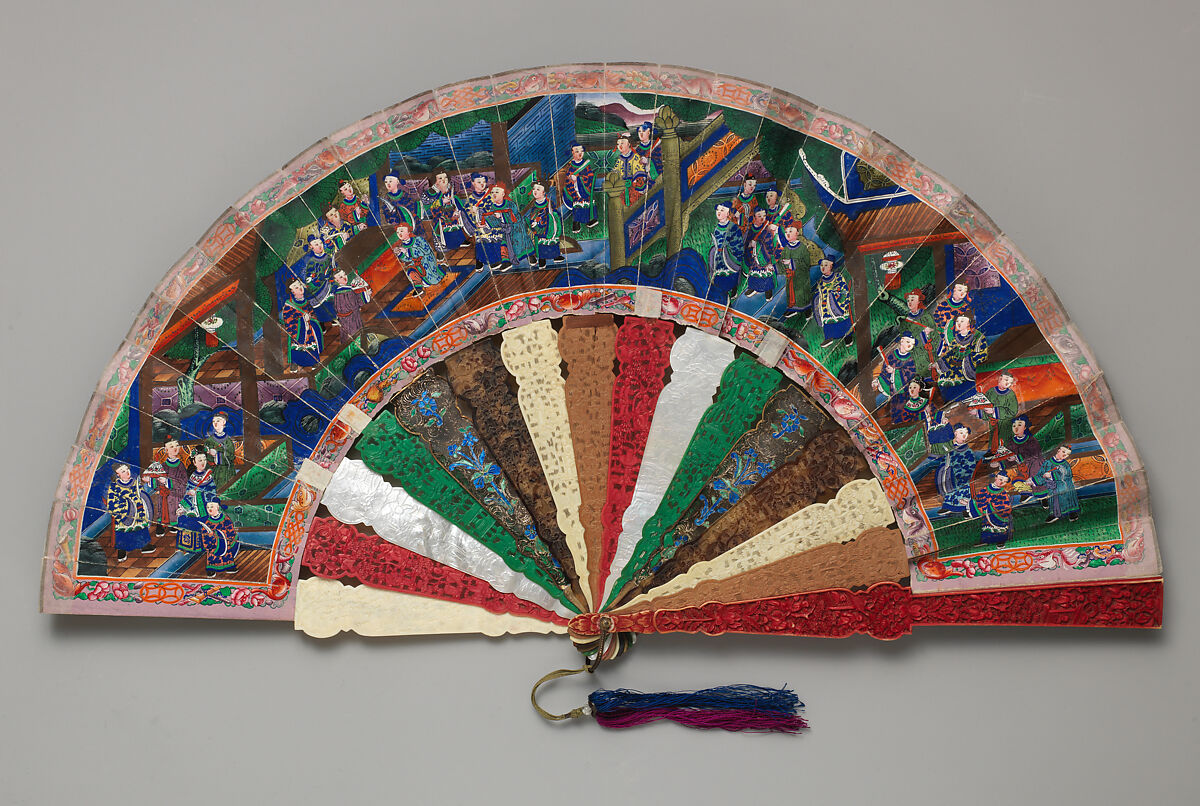 Folding Fan with Scene of Figures in a Courtyard Garden, Paper, ivory, tortoiseshell, wood, metal, and mother-of-pearl, Chinese, for the European Market