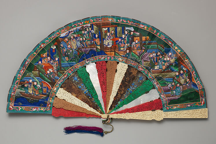 Folding Fan with Scene of Figures in a Courtyard Garden