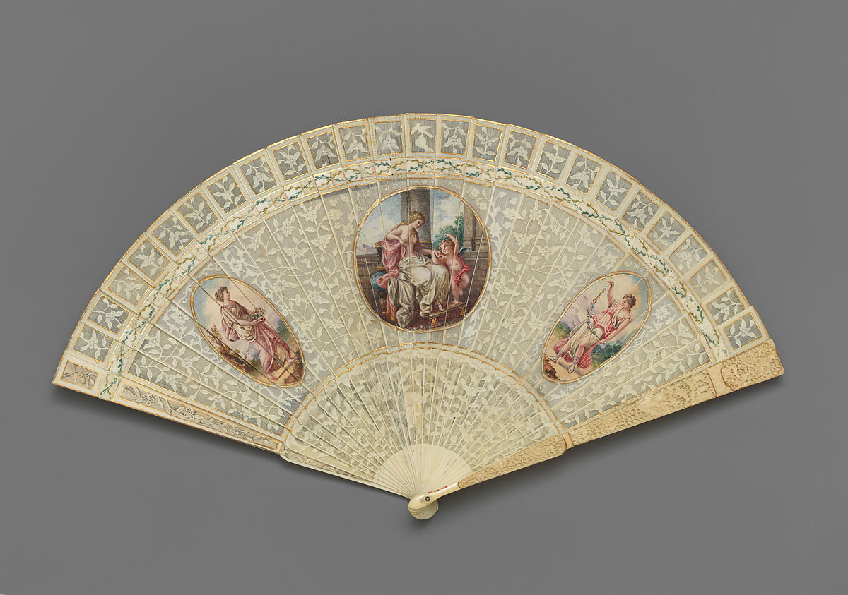 Brisé fan, with representations of classical figures flanking Venus and Cupid, Based on a composition by Angelica Kauffmann (Swiss, Chur 1741–1807 Rome), PIerced, carved, gilded and painted ivory; painted paper; metal, Chinese, for British market 