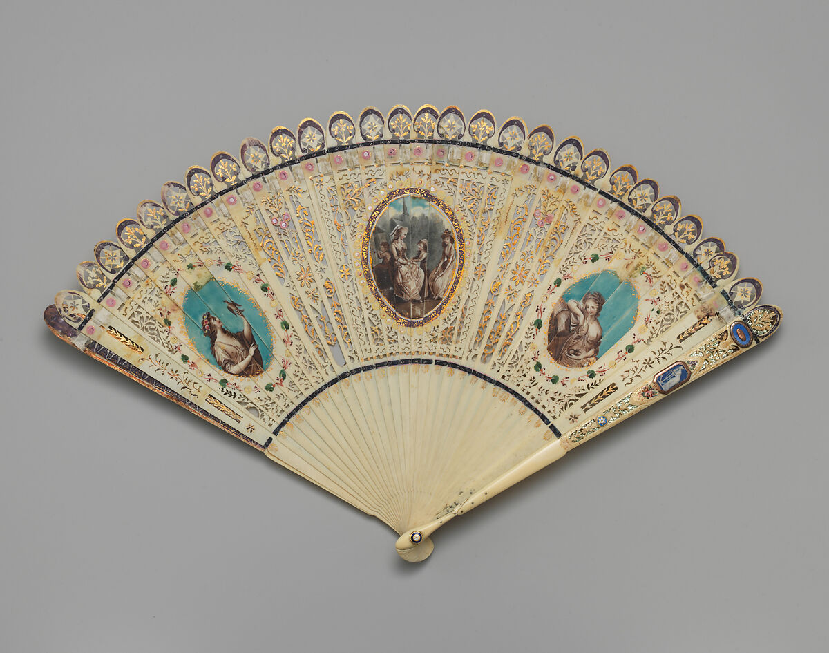 Brisé fan with three painted reserves, Pierced, painted and gilded ivory; jasperware; enameled metal; glass, British 