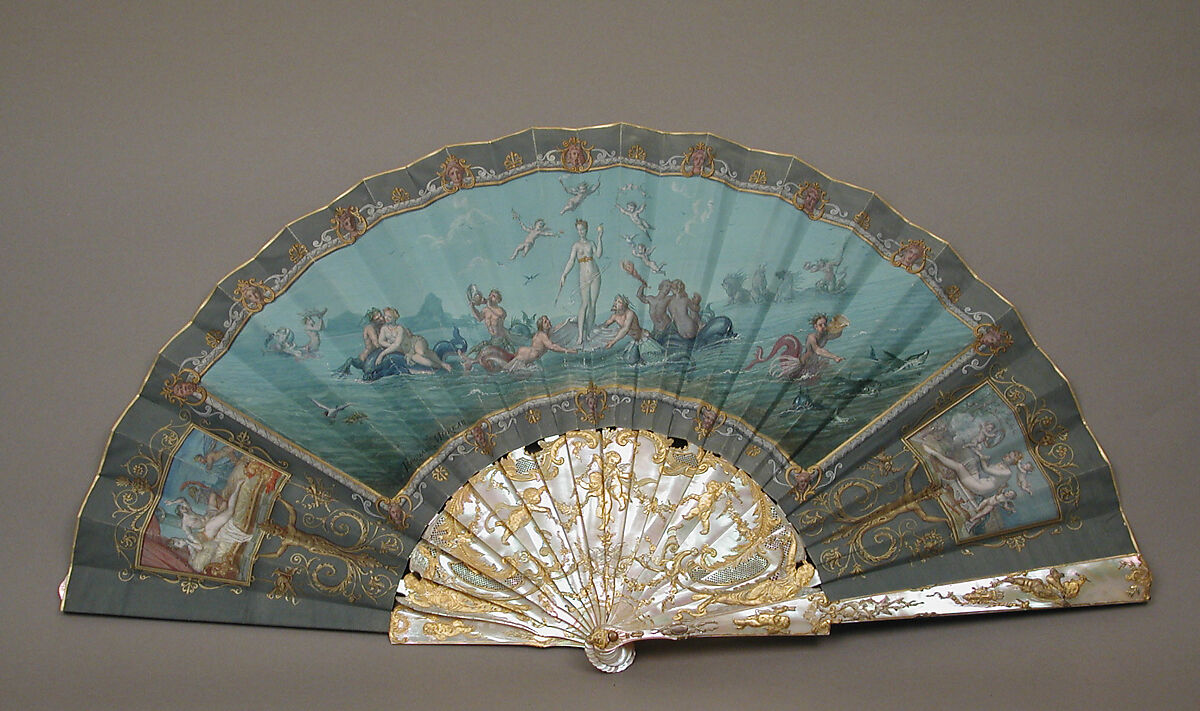 Fan, Fan leaf designed and painted by Edouard Moreau (French, 1825–1878), Paper, parchment, paint, mother-of-pearl, metal, French 