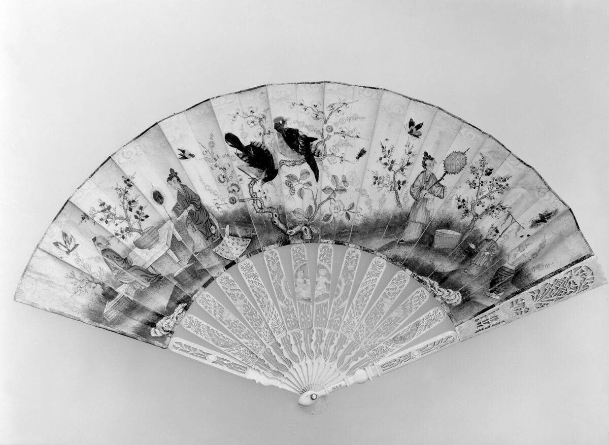 Fan, Kid, feathers, and ivory, possibly Dutch 