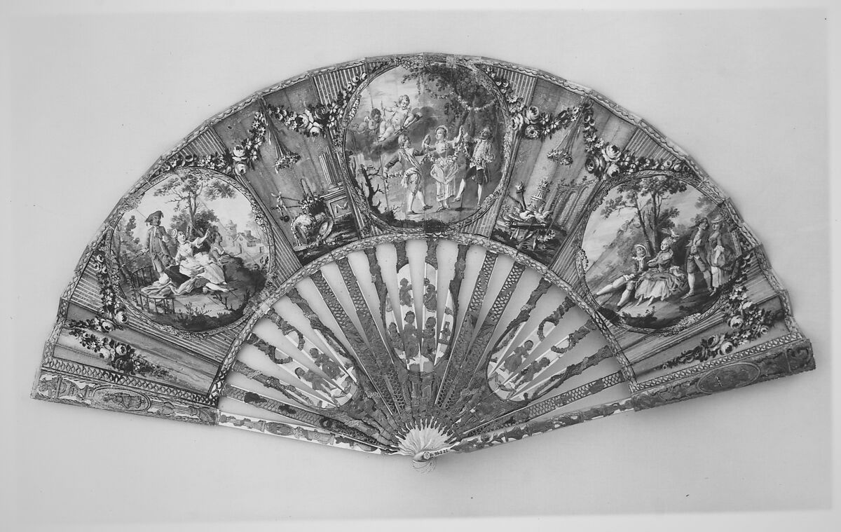 Fan, Kid, mother-of-pearl, gilt, French 