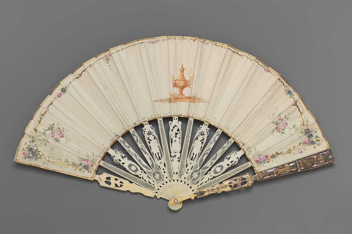 Fan depicting Venus appearing to Adonis (?), Painted kid, carved and pierced ivory, metal foil, mother-of-pearl; glass, British