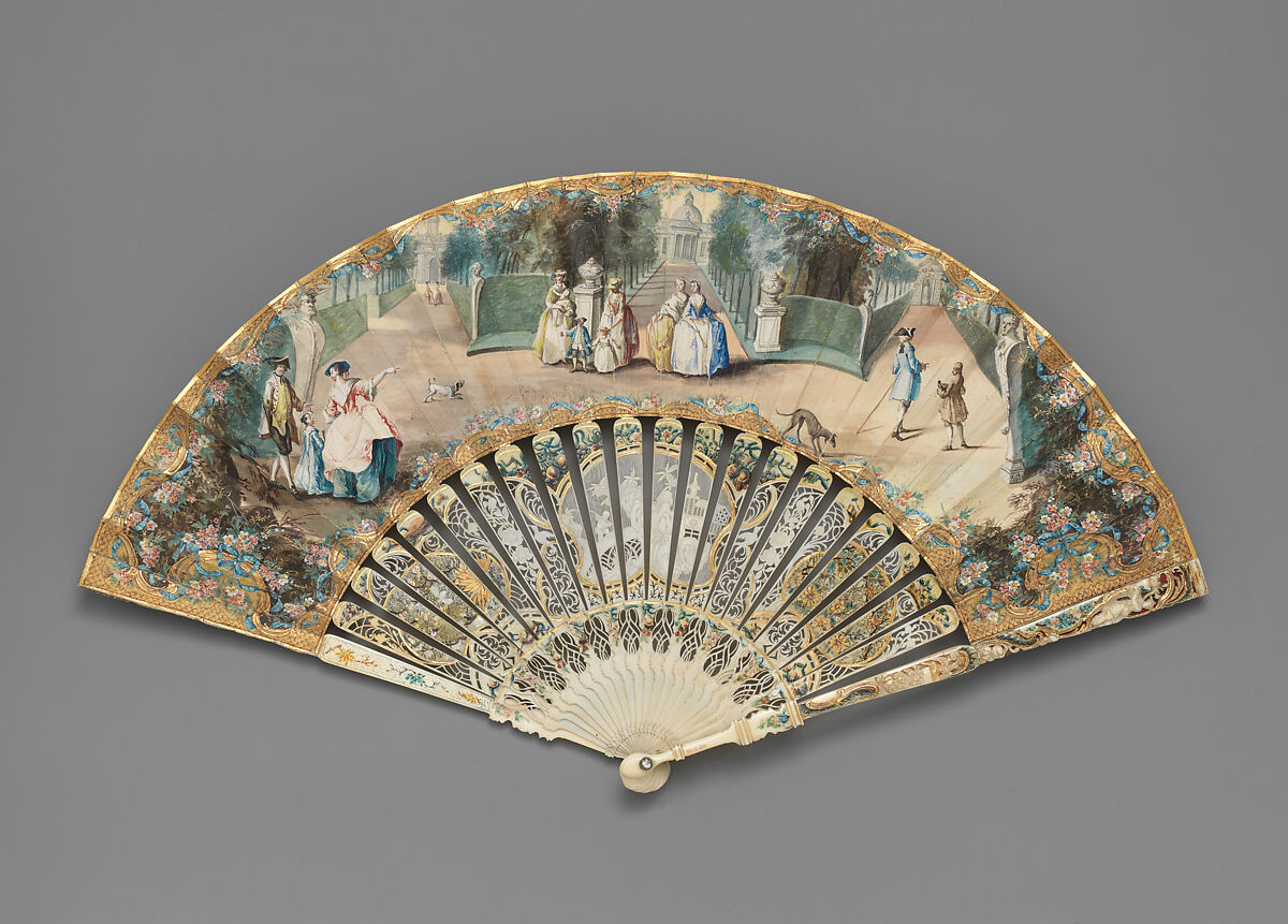 Folding Fan with Representation of the Gardens at Chiswick, Painted kid; pierced, carved, painted, and gilded ivory; metal, glass, British 