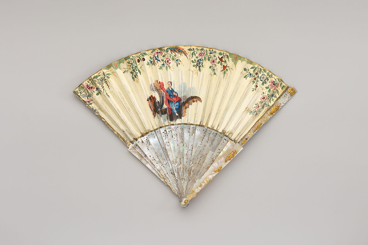 Fan, Parchment, paint, mother-of-pearl, gold, possibly Italian