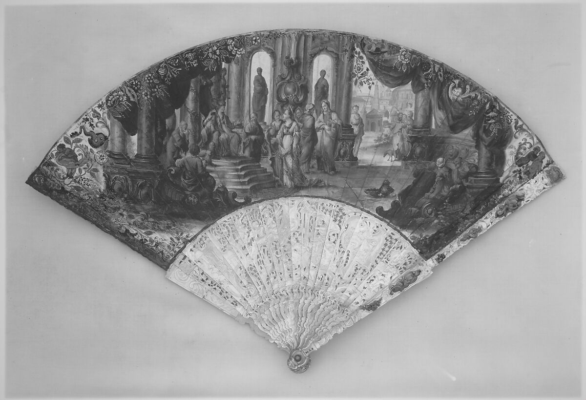 Fan, Parchment, paint, mother-of-pearl, gold, possibly Italian 