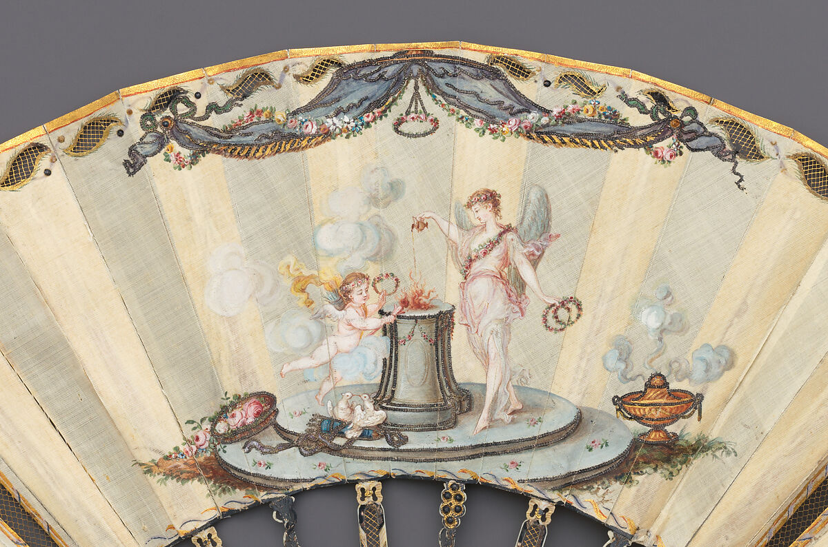 Fan, Silk, paint, ivory, gilt, possibly German