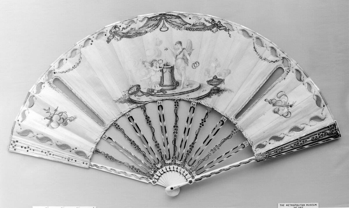 Fan, Silk, paint, ivory, gilt, possibly German 