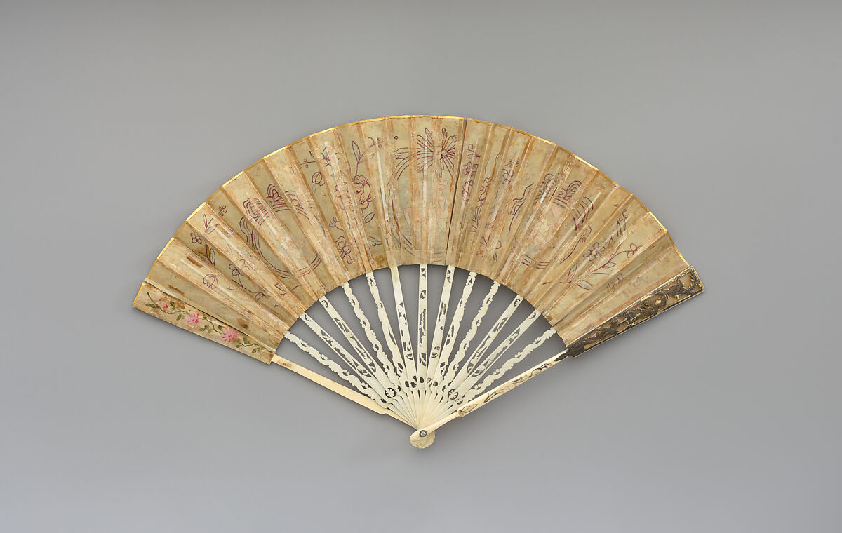 Fan, Silk, spangles, ivory, gilt, possibly German