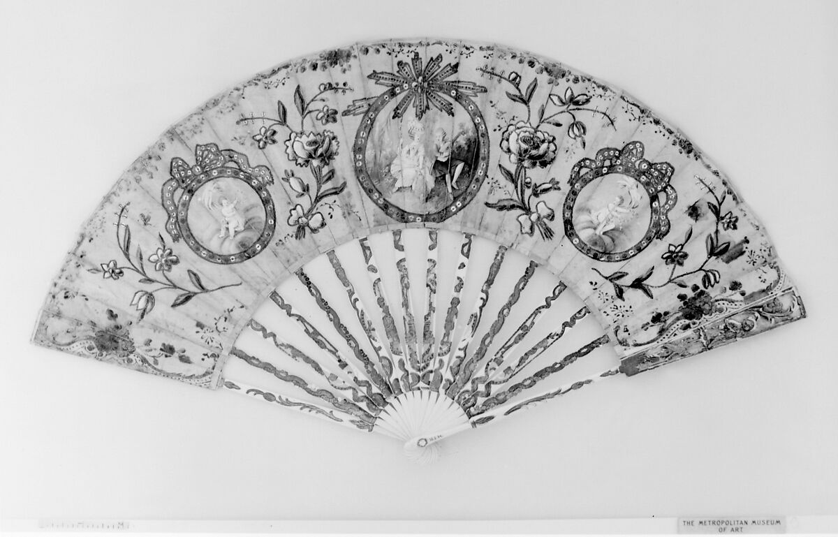 Fan, Silk, spangles, ivory, gilt, possibly German 