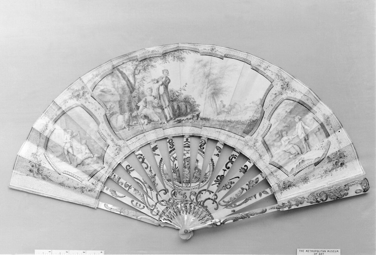 Fan, Kid, paint, mother-of-pearl, gold, German 
