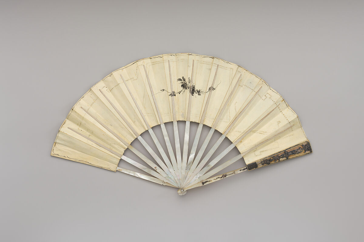 Mourning fan, Kid, India ink, mother-of-pearl, silver, possibly German